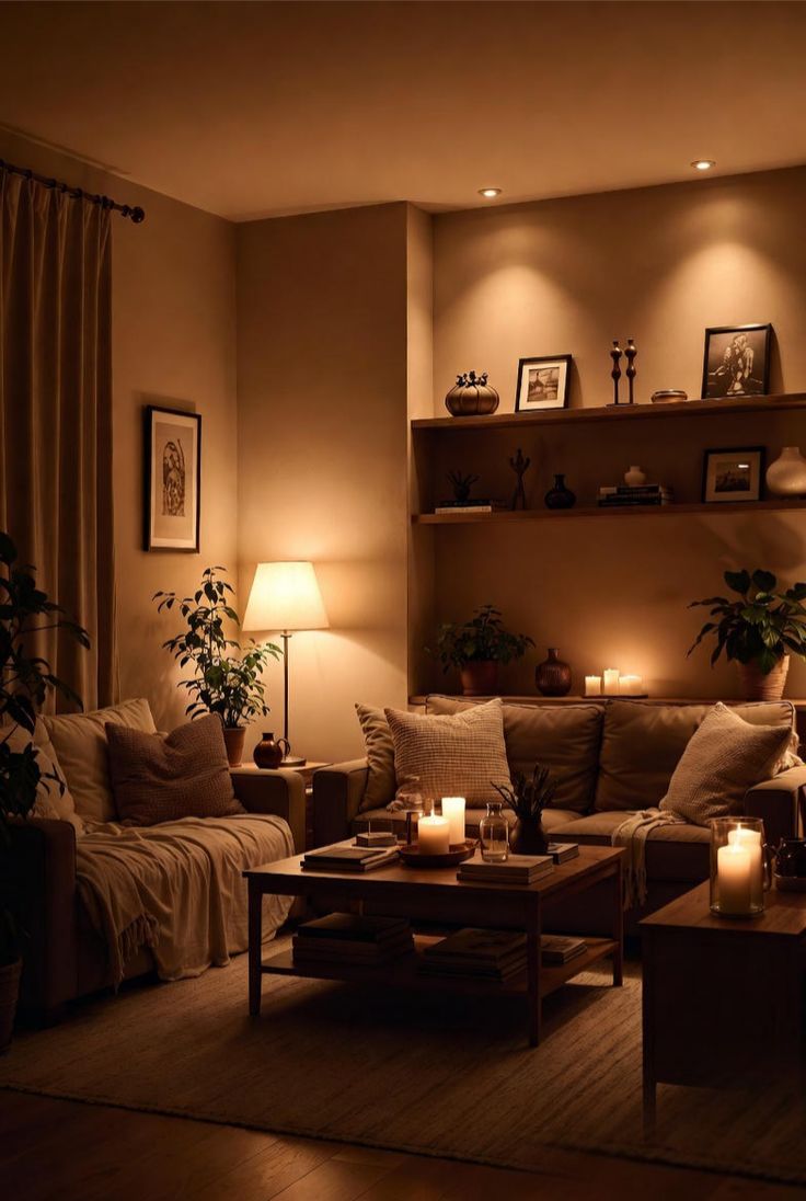 Room with dim lighting and neutral tones for evening wind-down planning